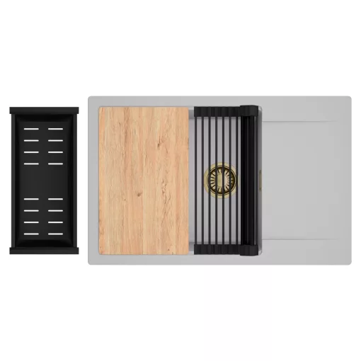 HD Onyx Grey 78-XL egymedencés gránit mosogatótálca szett, csepegtetőtálcával, vágódeszkával, matt fekete csepegtetőráccsal és kosárral, alpesi szürke színben, szálcsiszolt arany leeresztő szifonnal