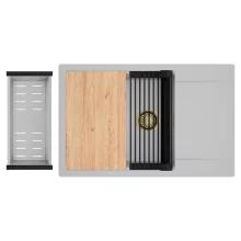 HD Onyx Grey 78-XL egymedencés gránit mosogatótálca szett, csepegtetőtálcával, vágódeszkával, matt fekete csepegtetőráccsal és krómozott kosárral, alpesi szürke színben, szálcsiszolt arany leeresztő szifonnal