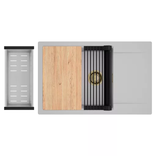 HD Onyx Grey 78-XL egymedencés gránit mosogatótálca szett, csepegtetőtálcával, vágódeszkával, matt fekete csepegtetőráccsal és krómozott kosárral, alpesi szürke színben, szálcsiszolt arany leeresztő szifonnal