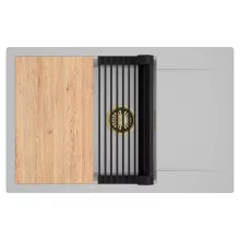 HD Onyx Grey 78-XL egymedencés gránit mosogatótálca szett, csepegtetőtálcával, vágódeszkával, matt fekete csepegtetőráccsal, alpesi szürke színben, szálcsiszolt arany leeresztő szifonnal