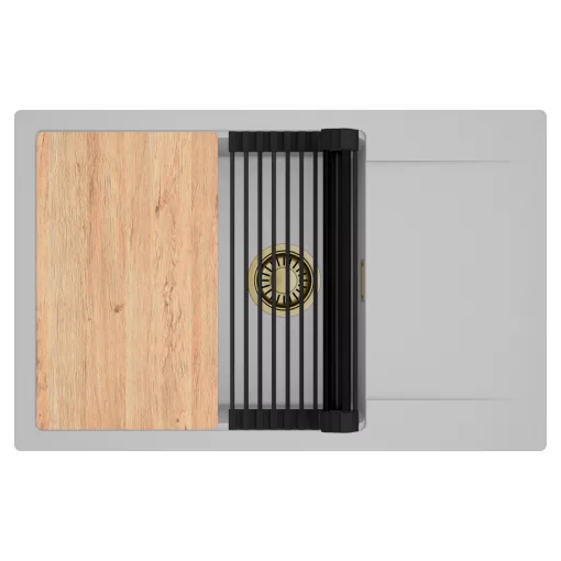 HD Onyx Grey 78-XL egymedencés gránit mosogatótálca szett, csepegtetőtálcával, vágódeszkával, matt fekete csepegtetőráccsal, alpesi szürke színben, szálcsiszolt arany leeresztő szifonnal