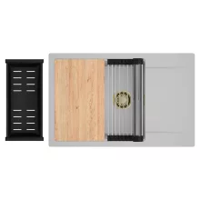 HD Onyx Grey 78-XL egymedencés gránit mosogatótálca szett, csepegtetőtálcával, vágódeszkával, acél csepegtetőráccsal és matt fekete kosárral, alpesi szürke színben, szálcsiszolt arany leeresztő szifonnal