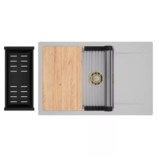 HD Onyx Grey 78-XL egymedencés gránit mosogatótálca szett, csepegtetőtálcával, vágódeszkával, acél csepegtetőráccsal és matt fekete kosárral, alpesi szürke színben, szálcsiszolt arany leeresztő szifonnal