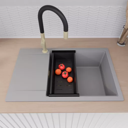 HD Onyx Grey 78-XL egymedencés gránit mosogatótálca szett, csepegtetőtálcával, vágódeszkával, acél csepegtetőráccsal és matt fekete kosárral, alpesi szürke színben, szálcsiszolt arany leeresztő szifonnal