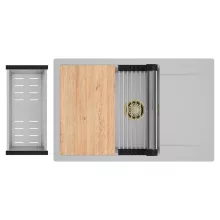 HD Onyx Grey 78-XL egymedencés gránit mosogatótálca szett, csepegtetőtálcával, vágódeszkával, acél csepegtetőráccsal és kosárral, alpesi szürke színben, szálcsiszolt arany leeresztő szifonnal