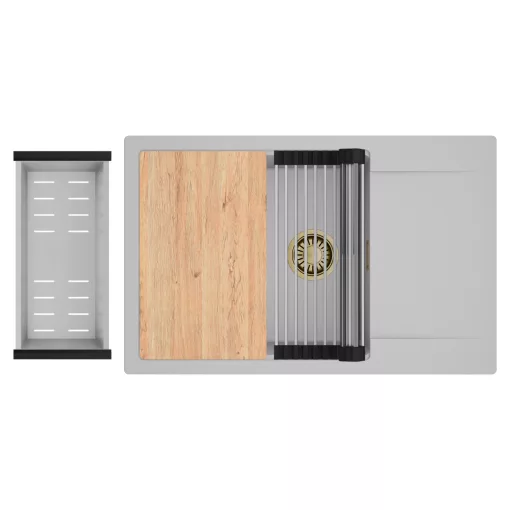 HD Onyx Grey 78-XL egymedencés gránit mosogatótálca szett, csepegtetőtálcával, vágódeszkával, acél csepegtetőráccsal és kosárral, alpesi szürke színben, szálcsiszolt arany leeresztő szifonnal