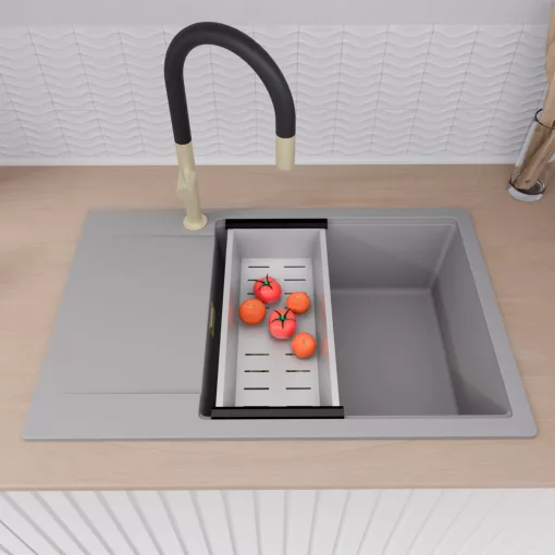HD Onyx Grey 78-XL egymedencés gránit mosogatótálca szett, csepegtetőtálcával, vágódeszkával, acél csepegtetőráccsal és kosárral, alpesi szürke színben, szálcsiszolt arany leeresztő szifonnal