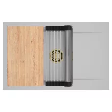 HD Onyx Grey 78-XL egymedencés gránit mosogatótálca szett, csepegtetőtálcával, vágódeszkával, acél csepegtetőráccsal, alpesi szürke színben, szálcsiszolt arany leeresztő szifonnal