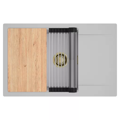 HD Onyx Grey 78-XL egymedencés gránit mosogatótálca szett, csepegtetőtálcával, vágódeszkával, acél csepegtetőráccsal, alpesi szürke színben, szálcsiszolt arany leeresztő szifonnal