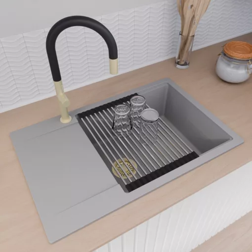 HD Onyx Grey 78-XL egymedencés gránit mosogatótálca szett, csepegtetőtálcával, vágódeszkával, acél csepegtetőráccsal, alpesi szürke színben, szálcsiszolt arany leeresztő szifonnal