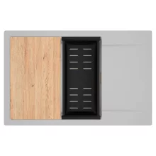 HD Onyx Grey 78-XL egymedencés gránit mosogatótálca szett, csepegtetőtálcával, vágódeszkával, matt fekete csepegtetőkosárral, alpesi szürke színben, szálcsiszolt arany leeresztő szifonnal