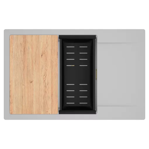 HD Onyx Grey 78-XL egymedencés gránit mosogatótálca szett, csepegtetőtálcával, vágódeszkával, matt fekete csepegtetőkosárral, alpesi szürke színben, szálcsiszolt arany leeresztő szifonnal