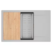 HD Onyx Grey 78-XL egymedencés gránit mosogatótálca szett, csepegtetőtálcával, vágódeszkával, acél csepegtetőkosárral, alpesi szürke színben, szálcsiszolt arany leeresztő szifonnal