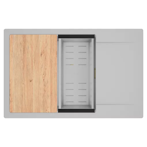 HD Onyx Grey 78-XL egymedencés gránit mosogatótálca szett, csepegtetőtálcával, vágódeszkával, acél csepegtetőkosárral, alpesi szürke színben, szálcsiszolt arany leeresztő szifonnal