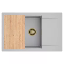 HD Onyx Grey 78-XL egymedencés gránit mosogatótálca, vágódeszkával, alpesi szürke színben, szálcsiszolt arany leeresztő szifonnal