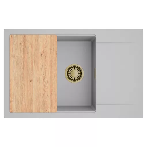 HD Onyx Grey 78-XL egymedencés gránit mosogatótálca, vágódeszkával, alpesi szürke színben, szálcsiszolt arany leeresztő szifonnal