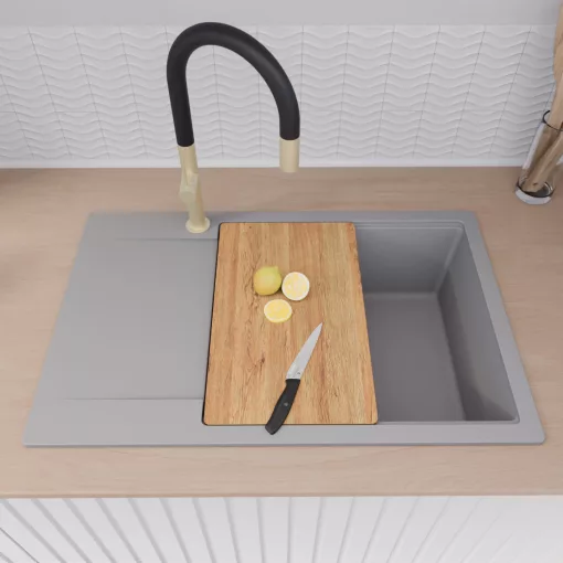 HD Onyx Grey 78-XL egymedencés gránit mosogatótálca, vágódeszkával, alpesi szürke színben, szálcsiszolt arany leeresztő szifonnal