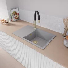 HD Onyx Grey 78-XL egymedencés gránit mosogatótálca, vágódeszkával, alpesi szürke színben, szálcsiszolt arany leeresztő szifonnal