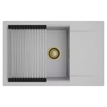 HD Onyx Grey 78-XL egymedencés mosogatótálca szett, acél csepegtetőráccsal, csepegtetőtálcával, alpesi szürke színben, szálcsiszolt arany leeresztő szifonnal