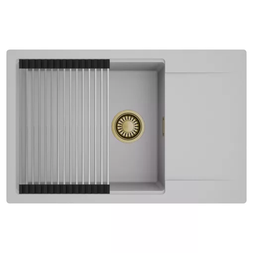 HD Onyx Grey 78-XL egymedencés mosogatótálca szett, acél csepegtetőráccsal, csepegtetőtálcával, alpesi szürke színben, szálcsiszolt arany leeresztő szifonnal