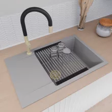 HD Onyx Grey 78-XL egymedencés mosogatótálca szett, acél csepegtetőráccsal, csepegtetőtálcával, alpesi szürke színben, szálcsiszolt arany leeresztő szifonnal