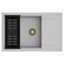 HD Onyx Grey 78-XL egymedencés mosogatótálca szett, matt fekete csepegtetőkosárral, csepegtetőtálcával, alpesi szürke színben, szálcsiszolt arany leeresztő szifonnal