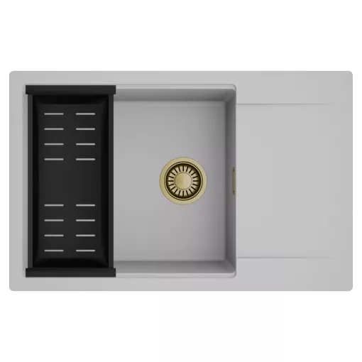 HD Onyx Grey 78-XL egymedencés mosogatótálca szett, matt fekete csepegtetőkosárral, csepegtetőtálcával, alpesi szürke színben, szálcsiszolt arany leeresztő szifonnal
