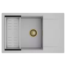 HD Onyx Grey 78-XL egymedencés mosogatótálca szett, acél csepegtetőkosárral, csepegtetőtálcával, alpesi szürke színben, szálcsiszolt arany leeresztő szifonnal