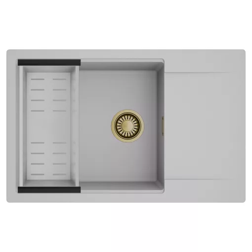 HD Onyx Grey 78-XL egymedencés mosogatótálca szett, acél csepegtetőkosárral, csepegtetőtálcával, alpesi szürke színben, szálcsiszolt arany leeresztő szifonnal