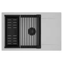 HD Onyx Grey 78-XL egymedencés mosogatótálca szett, matt fekete csepegtetőráccsal és kosárral, csepegtetőtálcával, alpesi szürke színben, matt fekete leeresztő szifonnal