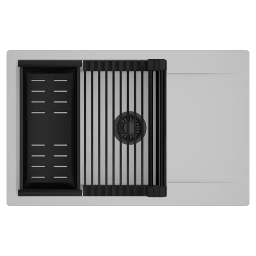 HD Onyx Grey 78-XL egymedencés mosogatótálca szett, matt fekete csepegtetőráccsal és kosárral, csepegtetőtálcával, alpesi szürke színben, matt fekete leeresztő szifonnal