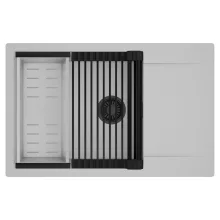 HD Onyx Grey 78-XL egymedencés mosogatótálca szett, matt fekete csepegtetőráccsal és krómozott kosárral, csepegtetőtálcával, alpesi szürke színben, matt fekete leeresztő szifonnal