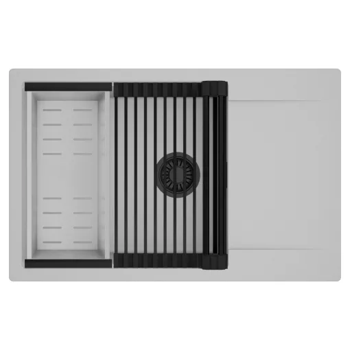 HD Onyx Grey 78-XL egymedencés mosogatótálca szett, matt fekete csepegtetőráccsal és krómozott kosárral, csepegtetőtálcával, alpesi szürke színben, matt fekete leeresztő szifonnal