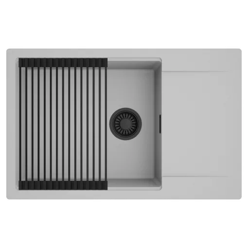 HD Onyx Grey 78-XL egymedencés mosogatótálca szett, matt fekete csepegtetőráccsal, csepegtetőtálcával, alpesi szürke színben, matt fekete leeresztő szifonnal
