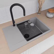 HD Onyx Grey 78-XL egymedencés mosogatótálca szett, matt fekete csepegtetőráccsal, csepegtetőtálcával, alpesi szürke színben, matt fekete leeresztő szifonnal