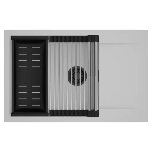 HD Onyx Grey 78-XL egymedencés mosogatótálca szett, acél csepegtetőráccsal és matt fekete kosárral, csepegtetőtálcával, alpesi szürke színben, matt fekete leeresztő szifonnal