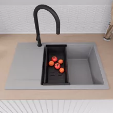 HD Onyx Grey 78-XL egymedencés mosogatótálca szett, acél csepegtetőráccsal és matt fekete kosárral, csepegtetőtálcával, alpesi szürke színben, matt fekete leeresztő szifonnal