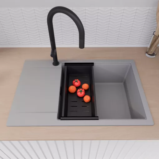 HD Onyx Grey 78-XL egymedencés mosogatótálca szett, acél csepegtetőráccsal és matt fekete kosárral, csepegtetőtálcával, alpesi szürke színben, matt fekete leeresztő szifonnal