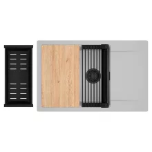 HD Onyx Grey 78-XL egymedencés gránit mosogatótálca szett, csepegtetőtálcával, vágódeszkával, matt fekete csepegtetőráccsal és kosárral, alpesi szürke színben, matt fekete leeresztő szifonnal