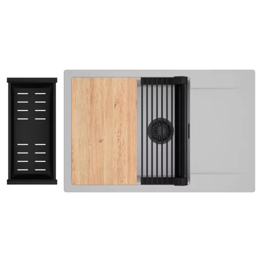 HD Onyx Grey 78-XL egymedencés gránit mosogatótálca szett, csepegtetőtálcával, vágódeszkával, matt fekete csepegtetőráccsal és kosárral, alpesi szürke színben, matt fekete leeresztő szifonnal