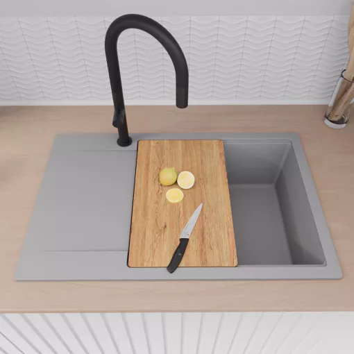 HD Onyx Grey 78-XL egymedencés gránit mosogatótálca szett, csepegtetőtálcával, vágódeszkával, matt fekete csepegtetőráccsal és kosárral, alpesi szürke színben, matt fekete leeresztő szifonnal