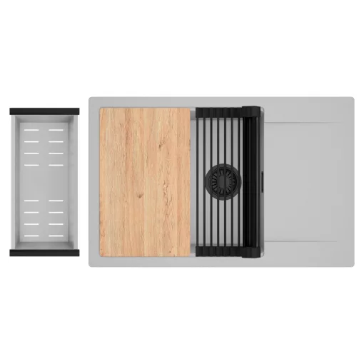 HD Onyx Grey 78-XL egymedencés gránit mosogatótálca szett, csepegtetőtálcával, vágódeszkával, matt fekete csepegtetőráccsal és krómozott kosárral, alpesi szürke színben, matt fekete leeresztő szifonnal