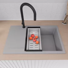 HD Onyx Grey 78-XL egymedencés gránit mosogatótálca szett, csepegtetőtálcával, vágódeszkával, matt fekete csepegtetőráccsal és krómozott kosárral, alpesi szürke színben, matt fekete leeresztő szifonnal