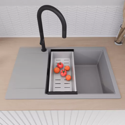 HD Onyx Grey 78-XL egymedencés gránit mosogatótálca szett, csepegtetőtálcával, vágódeszkával, matt fekete csepegtetőráccsal és krómozott kosárral, alpesi szürke színben, matt fekete leeresztő szifonnal