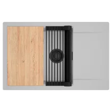 HD Onyx Grey 78-XL egymedencés gránit mosogatótálca szett, csepegtetőtálcával, vágódeszkával, matt fekete csepegtetőráccsal, alpesi szürke színben, matt fekete leeresztő szifonnal