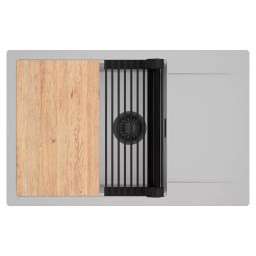 HD Onyx Grey 78-XL egymedencés gránit mosogatótálca szett, csepegtetőtálcával, vágódeszkával, matt fekete csepegtetőráccsal, alpesi szürke színben, matt fekete leeresztő szifonnal