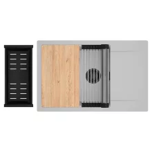 HD Onyx Grey 78-XL egymedencés gránit mosogatótálca szett, csepegtetőtálcával, vágódeszkával, acél csepegtetőráccsal és matt fekete kosárral, alpesi szürke színben, matt fekete leeresztő szifonnal