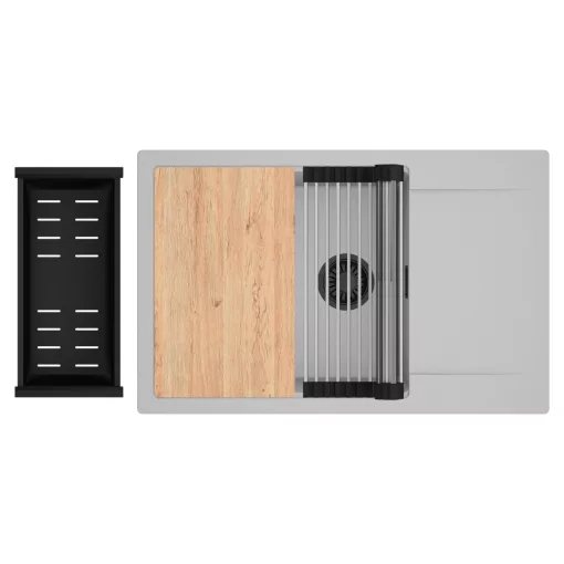 HD Onyx Grey 78-XL egymedencés gránit mosogatótálca szett, csepegtetőtálcával, vágódeszkával, acél csepegtetőráccsal és matt fekete kosárral, alpesi szürke színben, matt fekete leeresztő szifonnal