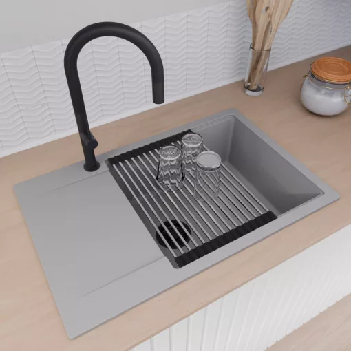 HD Onyx Grey 78-XL egymedencés gránit mosogatótálca szett, csepegtetőtálcával, vágódeszkával, acél csepegtetőráccsal és matt fekete kosárral, alpesi szürke színben, matt fekete leeresztő szifonnal