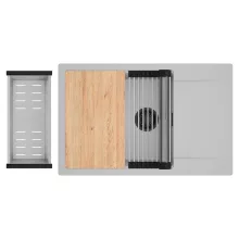 HD Onyx Grey 78-XL egymedencés gránit mosogatótálca szett, csepegtetőtálcával, vágódeszkával, acél csepegtetőráccsal és kosárral, alpesi szürke színben, matt fekete leeresztő szifonnal